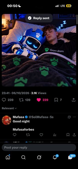 A mobile screenshot shows a tweet featuring the Gamdom robot image with 3.1K Views, 239 likes, and a reply from 'Mufasa @SolMufasa' saying 'Good night'.