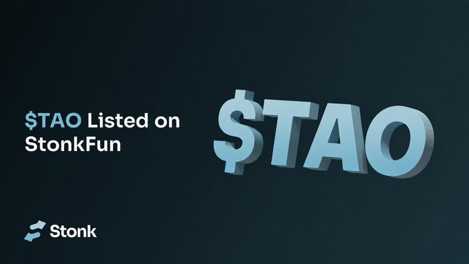 A promotional graphic featuring the text "$TAO Listed on StonkFun" alongside a large 3D "$TAO" logo, all set against a dark navy background with the "Stonk" branding at the bottom—announcing TAO's listing on the StonkFun platform as part of its expansion to Solana via Sunrise.