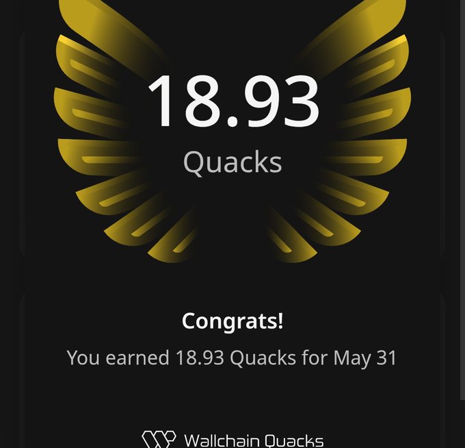The image shows a congratulatory message about a user who has earned 18.93 Quacks by collecting them over the course of one day. The message includes the user's name, the number of Quacks they have collected, and the date of their achievement. The context of the message suggests that this is a competitive platform where users try to collect Quacks as many times as possible, and once they reach a certain milestone or score, they are recognized for their efforts by the community.