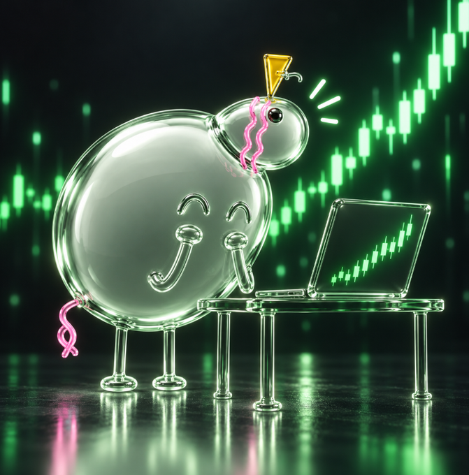 A 3D rendered glass character wearing a party hat and pink decorations smiles excitedly while looking at a laptop displaying a green rising stock chart against a background of financial candlesticks.