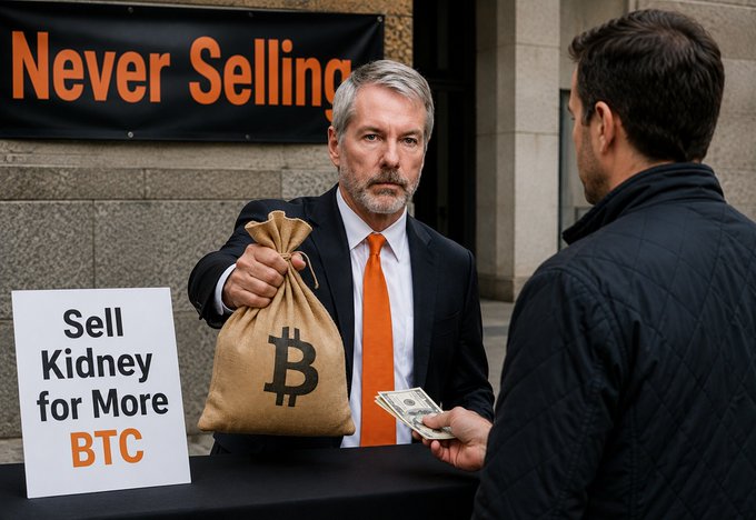 A man in a suit with an orange tie holds a Bitcoin-labeled burlap sack behind a 'Sell Kidney for More BTC' sign, while handing cash to another man under a 'Never Selling' banner.