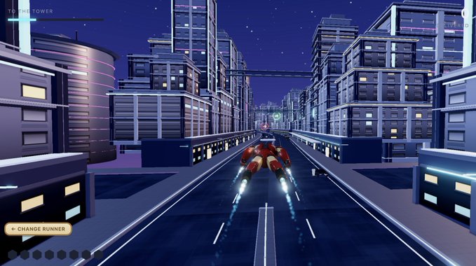 A sleek red hovercar races through a neon-lit cyberpunk cityscape at night, with the game HUD displaying "TO THE TOWER" at the top left and a "+ CHANGE RUNNER" prompt in the bottom left. The image showcases a futuristic racing game that exemplifies the 3D level design and asset optimization capabilities mentioned in the post about developing games with 0x alpha.