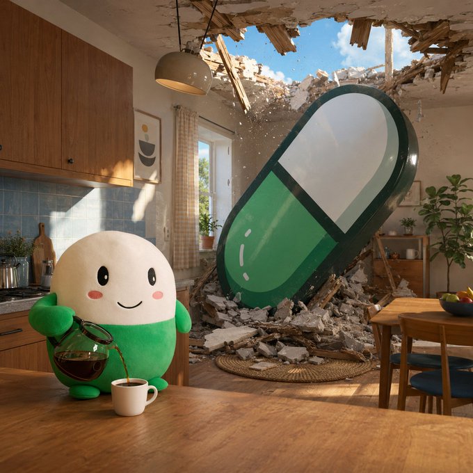 A cheerful green and white pill-shaped mascot calmly pours coffee in a kitchen, unfazed by a massive green-and-white capsule crashing through the ceiling amid debris. The scene humorously matches the "average morning in the big '26" caption, playing on the "big pill" imagery with the giant capsule as an oversized morning pill.