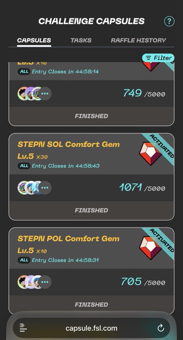 A mobile screenshot of a 'Challenge Capsules' interface showing three finished STEP'N capsule challenges with various gem levels and entry progress counts.