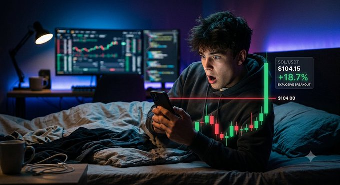A shocked young man lies on a bed holding a phone, illuminated by screens showing trading charts and a candlestick graphic for SOL/USDT breaking out at $104.15, up +18.7%.