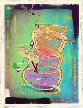An abstract mixed-media artwork featuring colorful scribbles, vibrant green and orange shapes, and handwritten text annotations including phrases like 'NO', 'Black', and dates along the borders.
