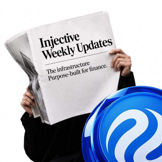 A person holds a newspaper titled "Injective Weekly Updates" with the headline "The infrastructure Purpose-built for finance," next to a blue Injective logo.
