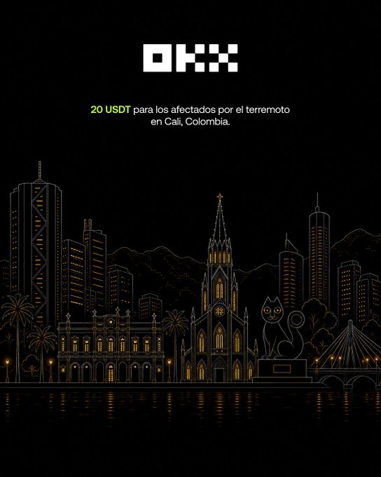 An OKX promotional graphic with a black background and gold line-art illustration of Cali, Colombia's skyline, announcing '20 USDT para los afectados por el terremoto en Cali, Colombia' for earthquake victims.