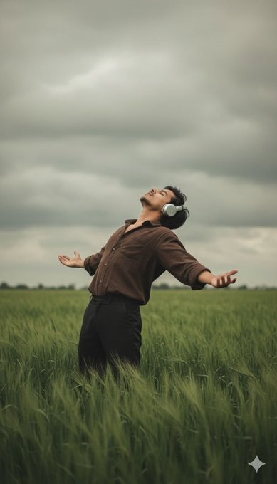 A person wearing headphones and a brown shirt stands in a green field with their arms outstretched and head tilted back, basking in the open sky.