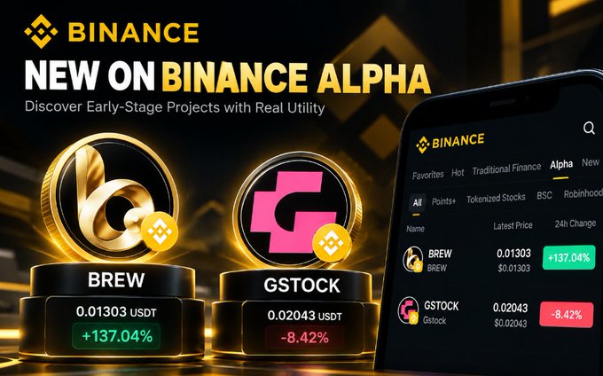A promotional Binance ad announcing "NEW ON BINANCE ALPHA" featuring two cryptocurrency tokens: BREW ($0.01303 USDT, +137.04%) and GSTOCK ($0.02043 USDT, -8.42%).