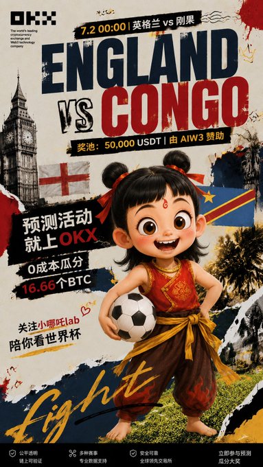 A promotional poster for an England vs Congo football match featuring a cartoon child holding a soccer ball, Big Ben, both national flags, and Chinese text including '7.2 00:00', '50,000 USDT', '0成本瓜分 16.66个BTC', and the OKX logo.