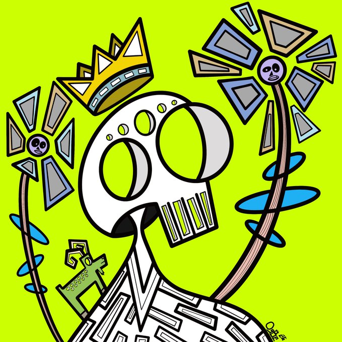 A vibrant, stylized illustration of a skeletal figure wearing a golden crown on a bright green background, surrounded by decorative triangular patterns and flowers.