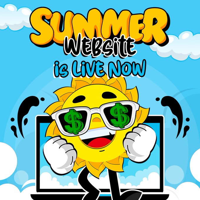 A cheerful cartoon sun with dollar sign sunglasses bursts out of a laptop screen against a blue sky background, with bold text announcing "SUMMER WEBSITE IS LIVE NOW," visually promoting the launch of a new Solana memecoin website as referenced in the caption.