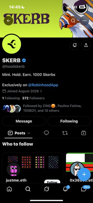 A screenshot of an X (Twitter) profile page for 'SKERB' (@hoodskerb) with the tagline 'Mint. Hold. Earn. 1000 Skerbs', noting it is 'Exclusively on @RobinhoodApp', joined August 2026, with 1 Following and 372 Followers.