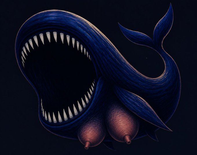A dark illustration of a blue whale with a large open mouth full of sharp teeth, featuring unusual bulbous growths on its underside.