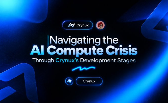 A digital graphic with a blue neon design featuring the 'Crynux' logo and the text 'Navigating the AI Compute Crisis Through Crynux's Development Stages.'
