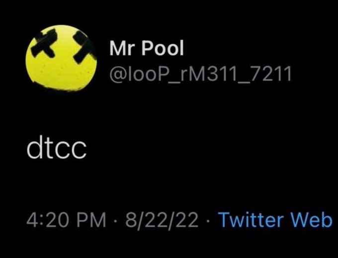 A Twitter post by Mr Pool (@looP_rM311_7211) featuring the reply "dtcc" with two X-like eyes, referencing Brad Garlinghouse's quote about thousands of switches being flipped—suggesting DTCC (Depository Trust & Clearing Corporation) is about to trigger a major financial change.