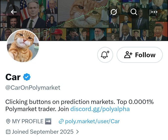 The user wants a concise caption describing the image and relating it to the provided post.

1.  **Analyze the image:**
    *   It's a screenshot of a Twitter (X) profile page.
    *   **Profile Picture:** An orange tabby cat looking sideways.
    *   **Username:** "Car" with a blue verification checkmark.
    *   **Handle:** "@CarOnPolymarket".
    *   **Bio:** "Clicking buttons on prediction markets. Top 0.0001% Polymarket trader. Join discord.gg/polyalpha".
    *   **Link:** "poly.market/user/Car".
    *   **Join Date:** "Joined September 2025". This is a future date, indicating a fake or placeholder profile.
    *   **Header Image:** A collage of faces (politicians, etc.) with a cat face in the center and a green trend line going up.

2