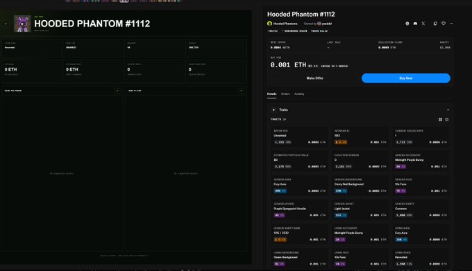 A dark-themed NFT marketplace page displaying 'HOODED PHANTOM #1112' with trading stats and a 'Make Offer' or 'Buy Now' option for 0.001 ETH.