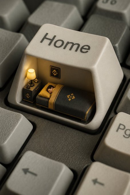 A miniature bedroom scene featuring a person sleeping in a cozy bed appears inside the "Home" key of a computer keyboard, with the Binance logo visible on the bedding and a small lamp illuminating the space. The image playfully ties into the "gm!" (good morning) post by depicting someone literally waking up from sleep on the Binance-branded key.