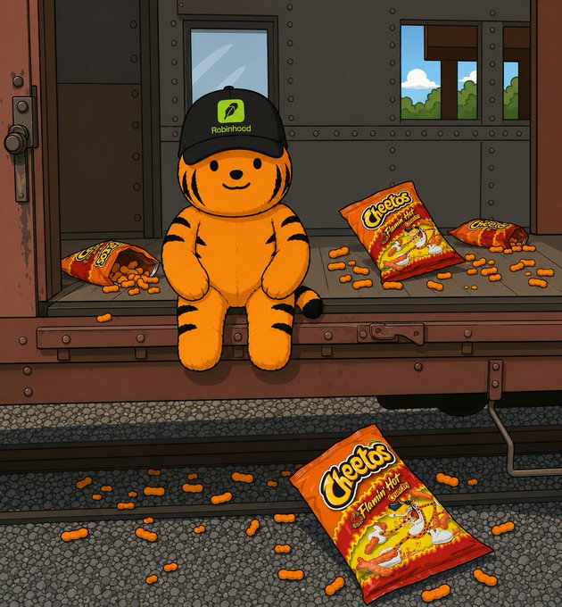 An illustration shows a smiling orange tiger mascot wearing a 'Robinhood' cap, sitting on the edge of a train car next to scattered Cheetos Flamin' Hot bags.