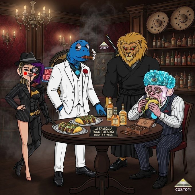 An illustrated scene titled 'LA FAMILIA TACO TUESDAY' shows cartoon figures like a blue alien in a white suit, a lion in a ninja outfit, and a brain-headed man eating tacos at a table.