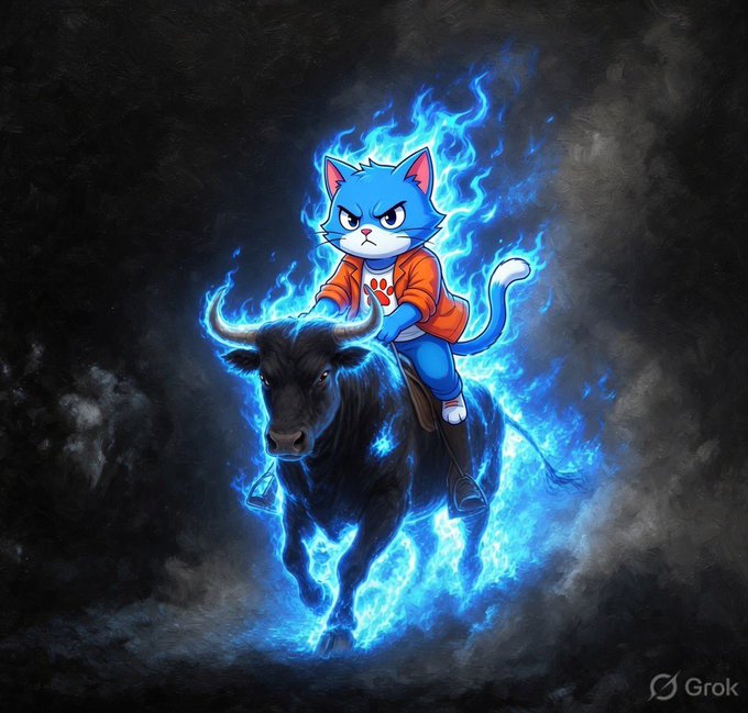 AI-generated artwork (Grok) of an angry blue cartoon cat wearing an orange hoodie riding a black bull surrounded by blue flames.