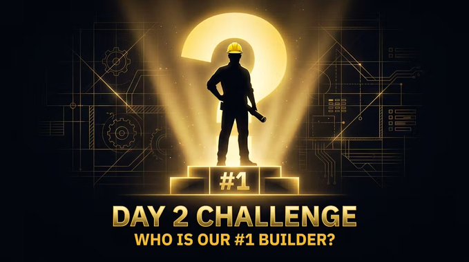 A glowing golden silhouette of a construction worker holding a wrench stands atop a "#1" podium, with text reading "DAY 2 CHALLENGE: WHO IS OUR #1 BUILDER?" The image reinforces the post's "builders" theme by spotlighting a single champion figure, inviting the community to guess who earned the top spot.