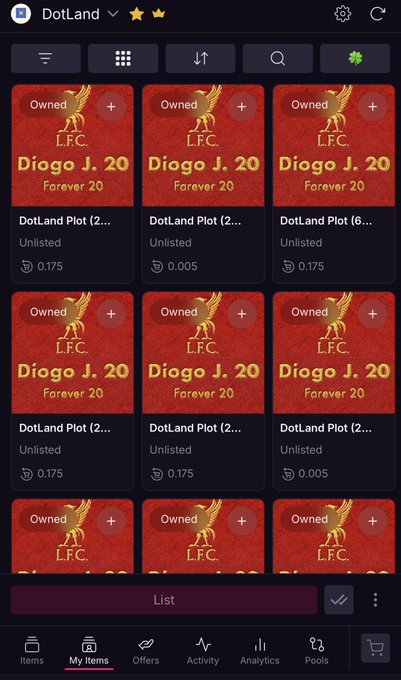 The image shows a screenshot of the DotLand app interface displaying a grid of "Diago J. Forever 20" Liverpool FC (L.F.C.) memorial plots under the "My Items" tab, all marked as "Owned" with values listed in Solana (ranging from 0.005 to 0.175). This visually supports the post's claim about receiving 2 SOL through a transaction on the DotLand platform, showcasing the user's collection of these digital land plots.