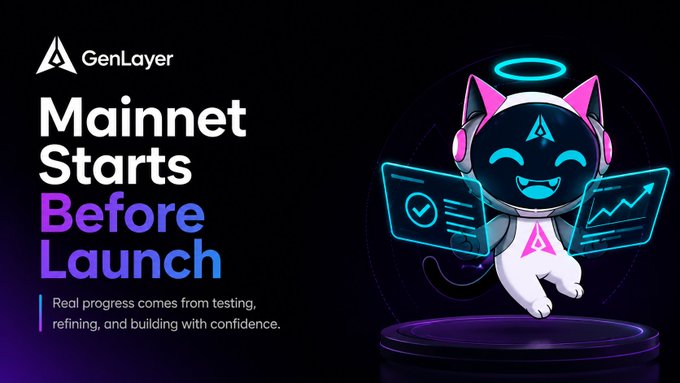 A GenLayer promotional graphic reads 'Mainnet Starts Before Launch' with the tagline 'Real progress comes from testing, refining, and building with confidence,' featuring a cartoon cat mascot.