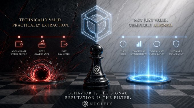 A promotional graphic for Nucleus featuring a chess piece between two portals, with text reading 'TECHNICALLY VALID. PRACTICALLY EXTRACTION.' and 'NOT JUST VALID. VERIFIABLY ALIGNED.' alongside icons for accumulate weeks before, vote governance, exit day after, and on the right time held, consistent contribution, governance participation, and sustained engagement, with tagline 'BEHAVIOR IS THE SIGNAL. REPUTATION IS THE FILTER.'