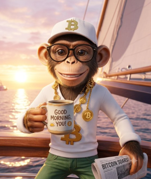 A 3D-rendered monkey wearing a white cap with a Bitcoin logo, glasses, and gold chains, holding a mug reading 'GOOD MORNING, YOU!' and a newspaper titled 'BITCOIN SOARS!' on a boat at sunset.
