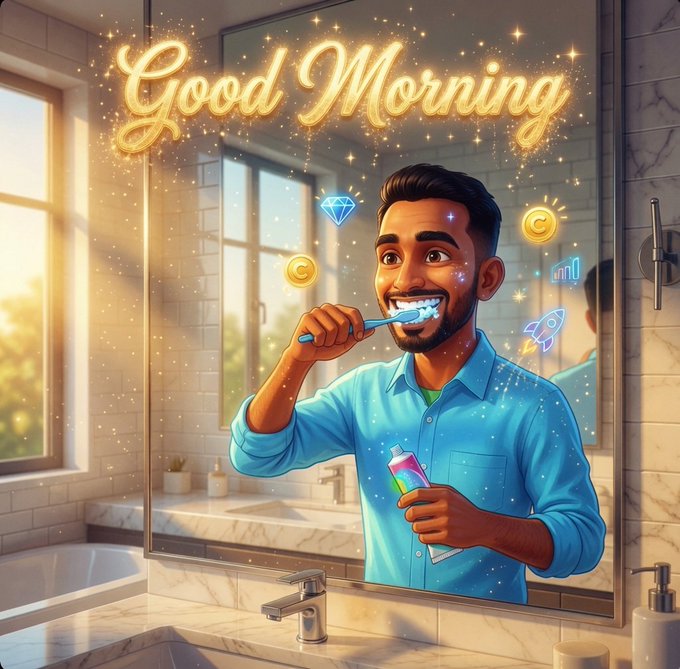 A cartoon-style illustration shows a smiling man brushing his teeth in a bathroom mirror, with glowing 'Good Morning' text and sparkles surrounding him.
