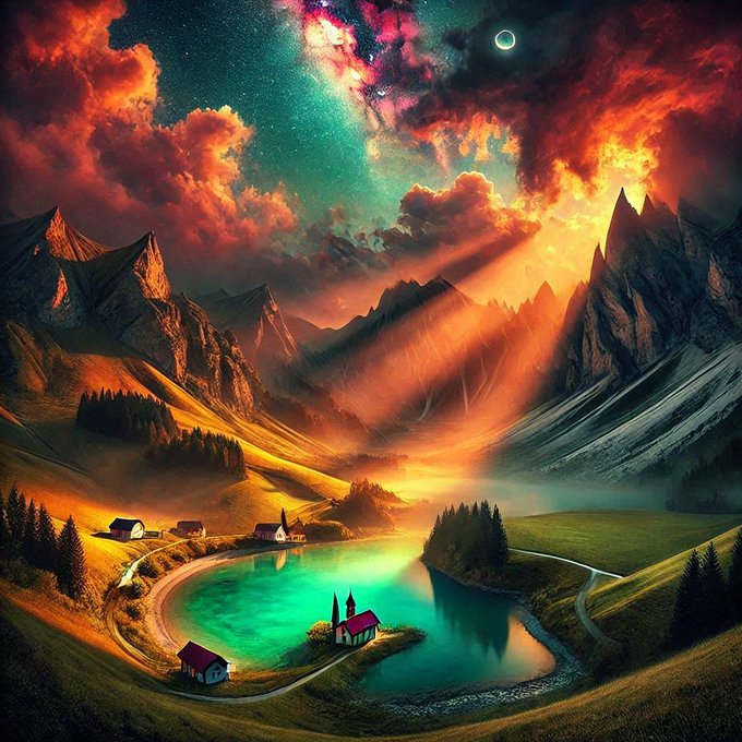 A surreal landscape features a turquoise lake at sunset, with dramatic orange and red clouds filling the sky, jagged mountains in the background, and a small village with a church on a peninsula jutting into the water, while an eclipse appears in the upper right corner.