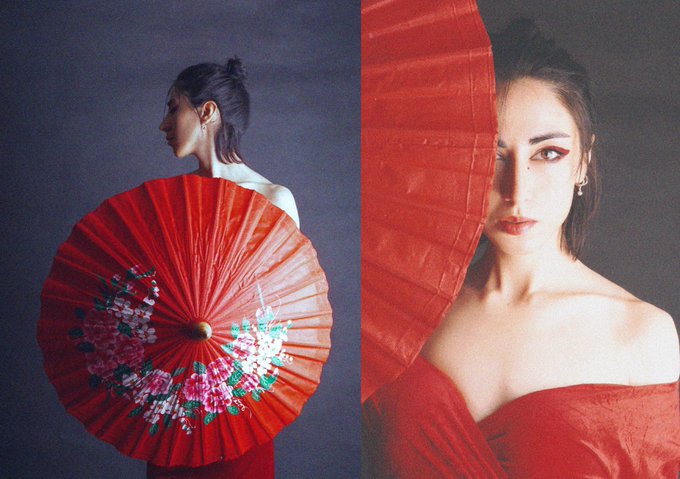 A two-panel portrait features a woman in elegant red attire holding a traditional red parasol painted with pink flowers.
