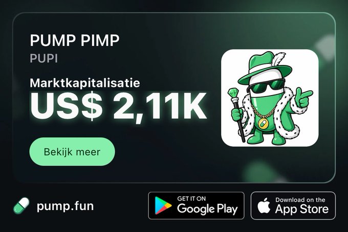 A promotional graphic for the cryptocurrency 'PUMP PIMP' (PUPI) with a market cap of US$2,11K, showing a cartoon green frog mascot on the pump.fun platform.