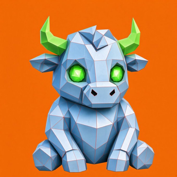 A low-poly 3D digital illustration of a cute blue dragon-like creature with glowing green eyes and bright green horns, sitting against an orange background.