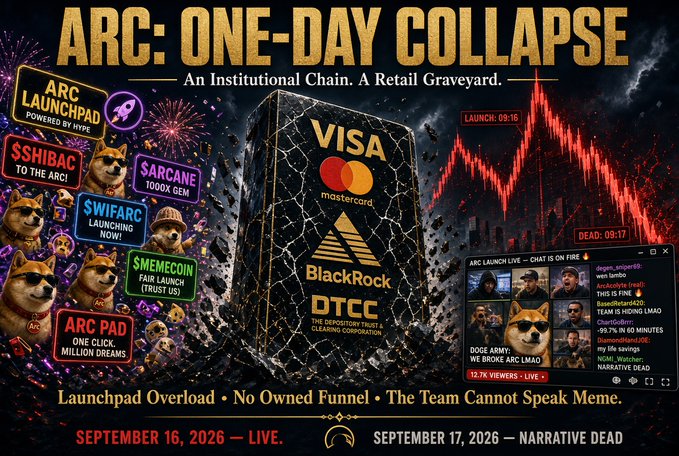 A dramatic promotional-style graphic titled "ARC: ONE-DAY COLLAPSE" depicts the ARC token ($ARC) experiencing a meteoric rise and crash, with timestamps showing a launch at 09:16 and death at 09:17, surrounded by logos of BlackRock, Visa, Mastercard, and DTCC alongside meme tokens like $SHIBARC, $ARCANE, and $SWIFARC. The accompanying post reflects disillusionment with meme coin hype, suggesting retail traders are returning to platforms like Robinhood after being burned by quick-launch rug pulls like ARC, where institutional branding was used to manufacture false legitimacy before the "narrative dead" collapse.