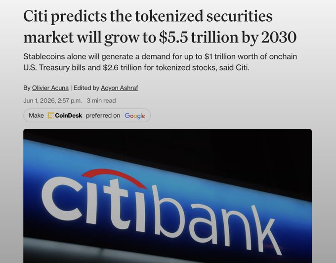 The image shows a blue sign with white text that says "Citi" written in red letters. The sign also features an image of a bank logo. Below the sign, there is a list of bullet points providing information about tokenized securities and their potential growth by 2035.