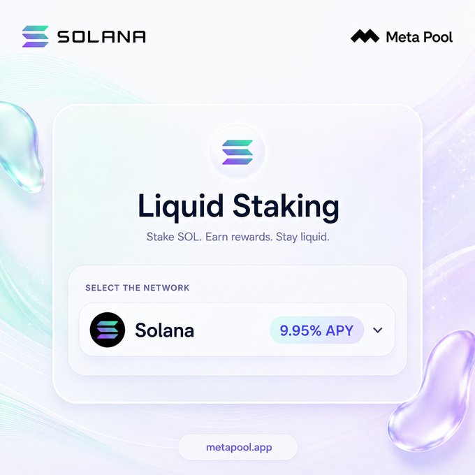 The image features a white background with purple and blue text that reads "Liquid Staking" followed by a list of cryptocurrency tokens, including Solana. The text also mentions that users can select the network they want to stake their LSTs on, which is Solana in this case. The post suggests that if users hold any of these tokens (SOLANA, BOLANA, JOANS, or raSOL), they can stake those LSTs and potentially earn a higher APY compared to the general market.