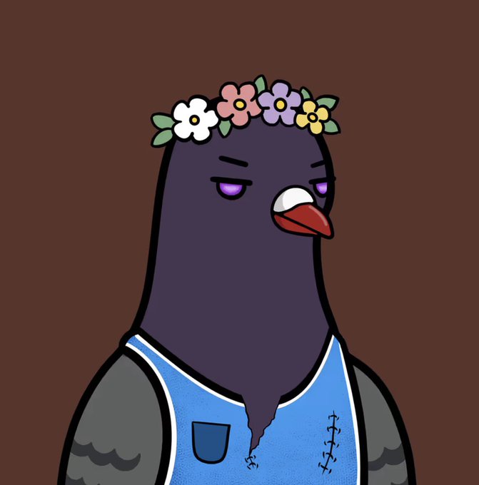 A cartoon purple pigeon wearing a flower crown and blue overalls, staring with a deadpan expression against a brown background.