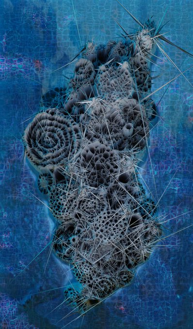 The image features a digital art piece that appears to be a collage of various elements, including a blue background with white lines and shapes resembling coral reefs or sea creatures. The artwork has an abstract style, which adds complexity and depth to its visual appeal. The artist's name is mentioned in the caption, but it does not provide any additional information about the piece.
