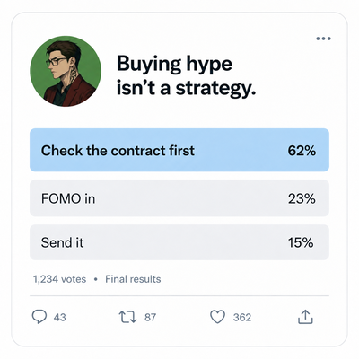 A social media poll titled 'Buying hype isn't a strategy' shows results with 'Check the contract first' winning at 62%, followed by 'FOMO in' at 23% and 'Send it' at 15%, based on 1,234 votes.