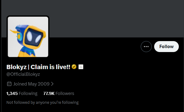A Twitter/X profile for 'Blokyz | Claim is live!!' (@OfficialBlokyz) showing 1,345 following, 77.9K followers, joined May 2009, with a yellow robot avatar.