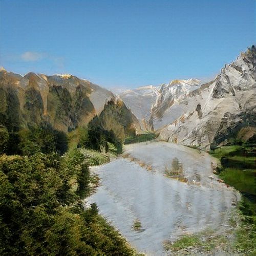 A landscape photograph of a river flowing through a mountainous valley with rugged peaks, green vegetation, and a clear blue sky.