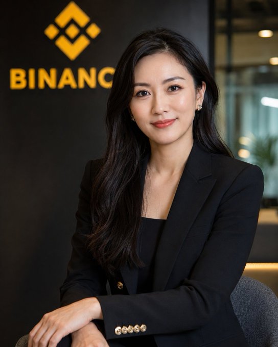 The image features a woman wearing a black blazer, sitting down with her hands resting on her lap. She appears to be posing for a photo or portrait session. The background of the image shows a large sign that reads "Binance Co-Founder @heyibinance being named to Fortune's Most Powerful Women in Business list is more than just personal recognition - it reflects how far digital finance has come and how seriously the". This suggests that the woman might be an influential figure within the crypto industry, as she is being recognized for her contributions.