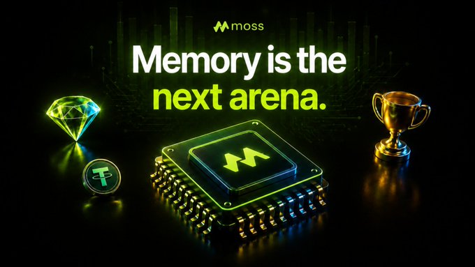 A promotional graphic for Moss features the headline "Memory is the next arena." with the Moss logo, flanked by a diamond, a Tether (USDT) coin, a microchip with the Moss "M" logo, and a trophy—all set against a dark background with green accents. The image ties to the post about memory chip companies being key players in tokenized stocks, with the trophy and diamond hinting at the promised "something rewarding" to come.