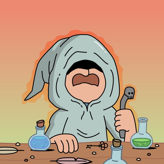 Cartoon illustration of a hooded character with a screaming face holding a skull-tipped staff, surrounded by potion bottles and a key on a wooden table against a sunset gradient background.