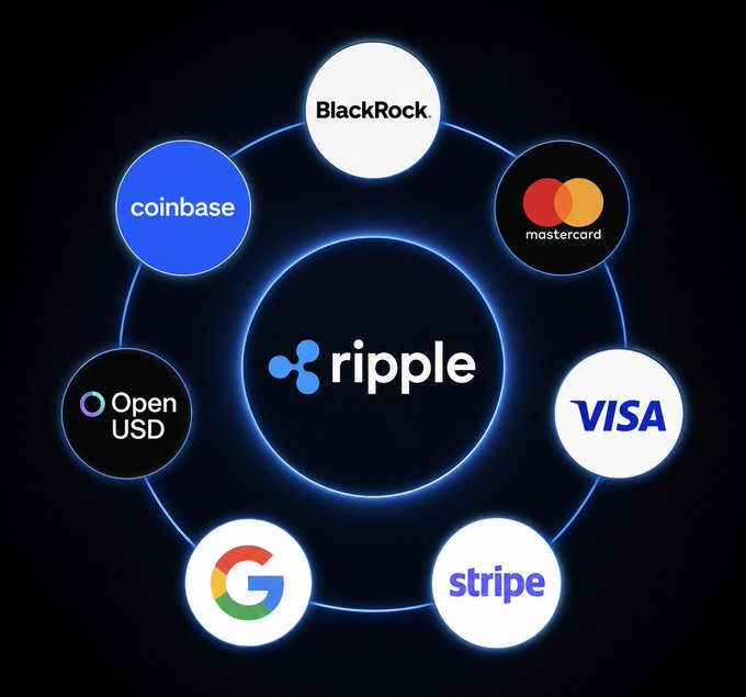The image displays the Ripple logo at the center, surrounded by a circular arrangement of partner company logos including BlackRock, Coinbase, Mastercard, Visa, Stripe, Google, and Open USD, visually representing Ripple's integration into the Open USD consortium alongside these major industry players.