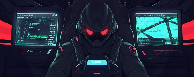 A stylized illustration shows a futuristic figure in a dark helmet with glowing red eyes, seated in a cockpit with multiple digital monitors displaying data and navigation systems.